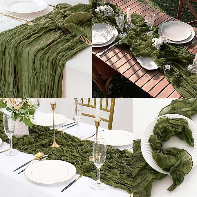 6 Pack Olive Green 10FT Cheesecloth Table Runner Rustic Gauze Cheese Cloth Table Runner for Wedding Bridal Baby Shower Table Decorations Boho Fabric Sheer Birthday Party Decor 20 x 120 Inch Long