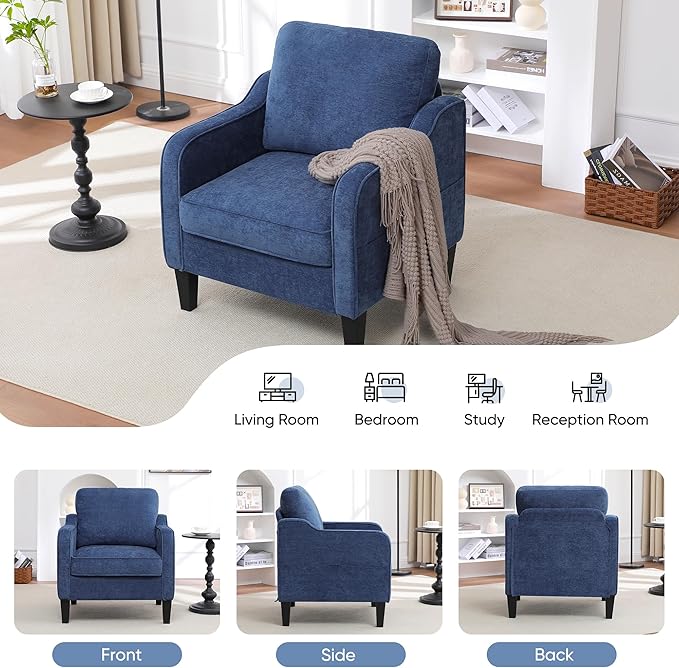 Accent Chair for Living Room, Mid Century Modern Reading Chair for Bedroom, Upholstered Armchair with Side Pockets, Comfy Single Sofa Side Chair for Office, Apartment, Small Room, Blue