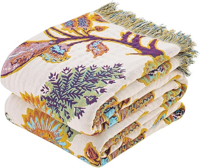 Boho Throw Blanket for Bed, 100% Cotton Soft Rustic Quilt Fall Blanket, 90"x98" Floral Printed Farmhouse Decor Bed Blankets, All Season Rustic Reversible Bohemian Throw Quilt