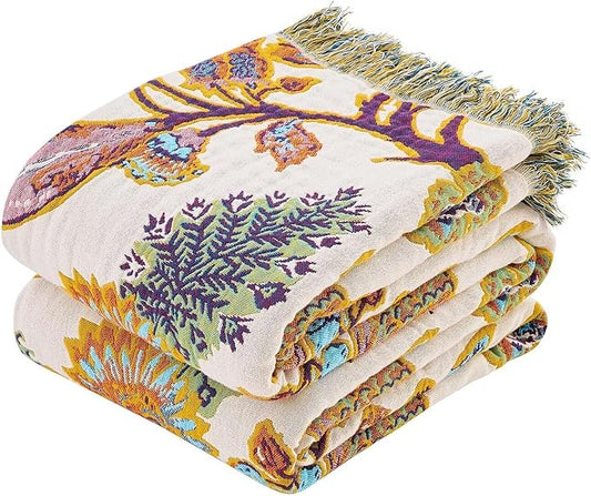 Boho Throw Blanket for Bed, 100% Cotton Soft Rustic Quilt Fall Blanket, 90"x98" Floral Printed Farmhouse Decor Bed Blankets, All Season Rustic Reversible Bohemian Throw Quilt