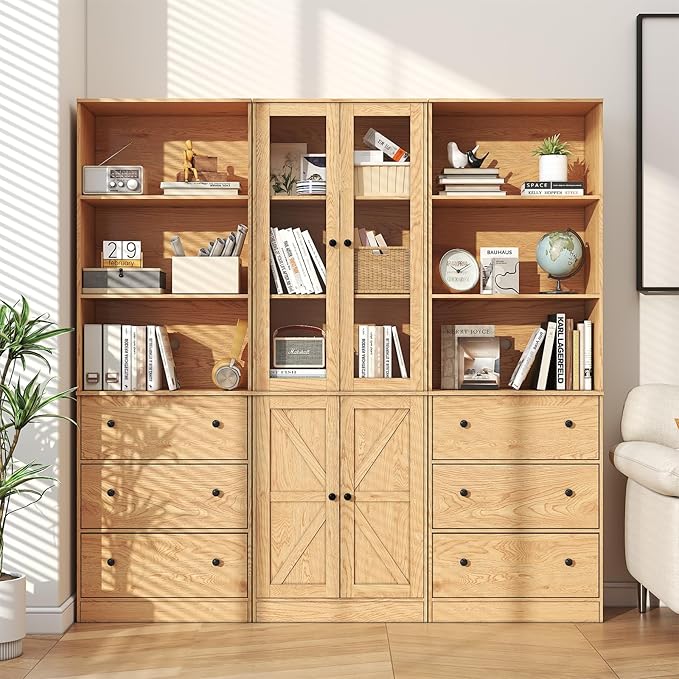 71" Tall Bookshelves Set of 3, 2 Bookcases with Drawers & 1 Bookshelf with Doors, Wooden Bookshelves Floor Standing Display Storage Shelves Home Decor Furniture for Home Office, Living Room