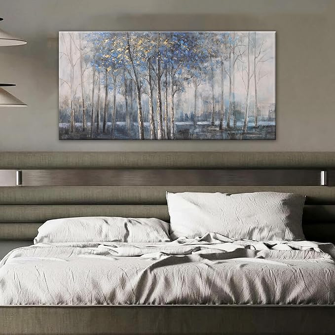 Canvas Wall Art Decor Modern Wall Art Decor Prints Gold Wall Art Pictures Wall Decor Blue Grey Misty Botanical Textured Artwork for Walls For Room Living Room Bedroom Office Wall Decor 20"X40"