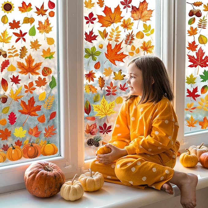 9 Sheets Fall Decorations, 274 PCS Fall Window Clings, Double Sided Autumn Stickers with Maple Leaves Pumpkin Nuts, Autumn Window Clings for Party Thanksgiving Decor Indoor Outdoor Accessories