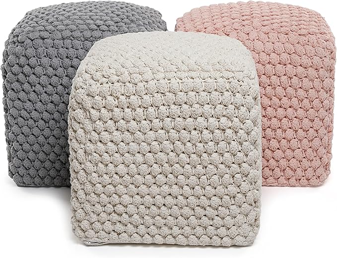 BIRDROCK HOME Bud Pouf Foot Stool Ottoman - Knit Bean Bag Floor Chair - Cotton Braided Cord - Great for The Living Room, Bedroom and Kids Room - Small Furniture