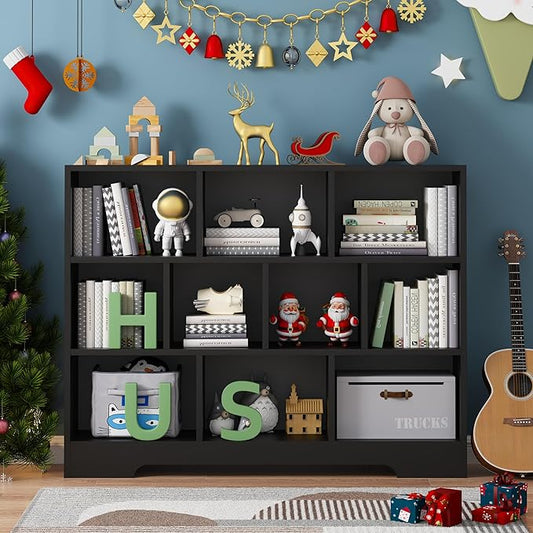 Book Shelf, 10 Cubes Storage Organizer, 3-Tier Open Shelf Wooden Bookcase, Freestanding Balck Bookshelf Cube Shelf for Bedroom, Living Room, Home Office