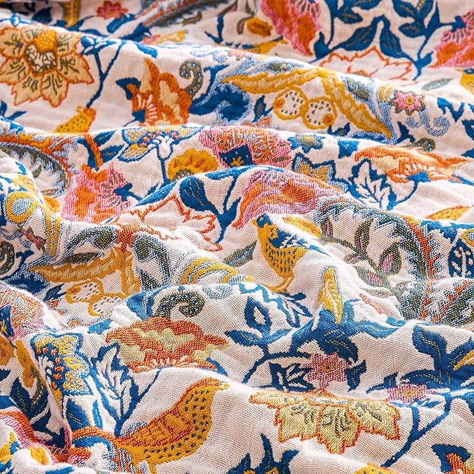 Boho Blanket Throw Quilt, 100% Cotton Soft Light Weight Throw Blankets for Summer, 90"x98" Farmhouse Flower Decorative Blankets, All Season Rustic Reversible Bohemian Throw Quilt