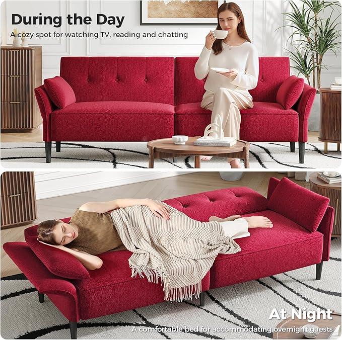 89” Futon Sofa Bed, Linen Comfy Futon Couch Bed with 2 Square Pillows, Convertible Sleeper Sofa with Adjustable Backrest& Armrests, Modern Loveseat Sleeper for Living Room, Bedroom, Red