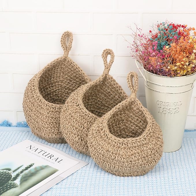 3 Pack Hanging Wall Basket with Hook, 3 Size Wall Hanging Fruit Baskets, Hanging Baskets for Organizing, Hanging Fruit Baskets for Kitchen, Restaurant, Coffee Shop, Party and Garden Decor