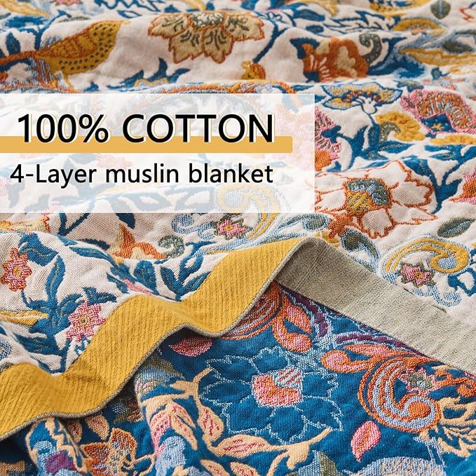 Boho Throw Blanket Reversible Cotton Bohemian Tapestry,100% Cotton Throw Blanket for Couch,Sofa,Chair,Lightweight Summer Quilt Soft 4-Layer Muslin Blanket for Farmhouse,Picnic Decor 50"x60"