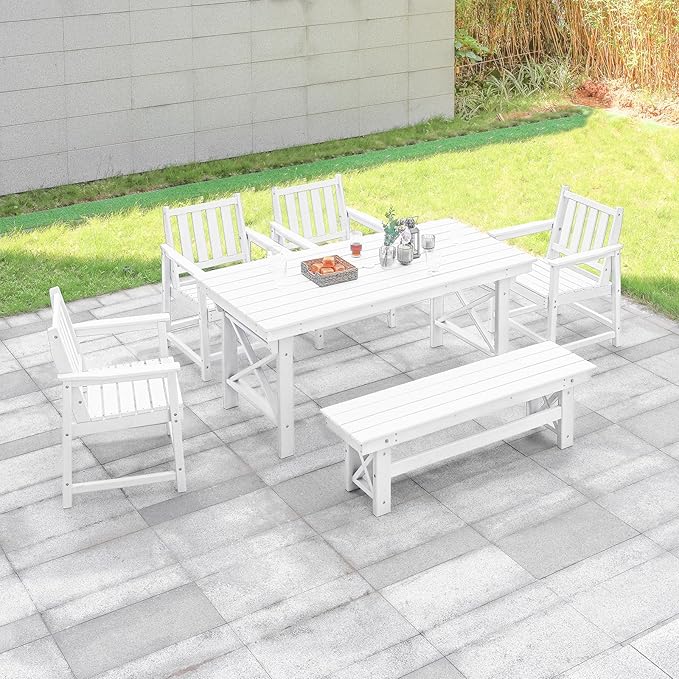 HDPE Outdoor Dining Set of 6, Patio Dining Table Set with 4 Chairs and 1 Bench, 6 Pieces HDPE Dining Set with Umbrella Hole, Outdoor Furniture Sets for Deck, Poolside, Garden, Pearl