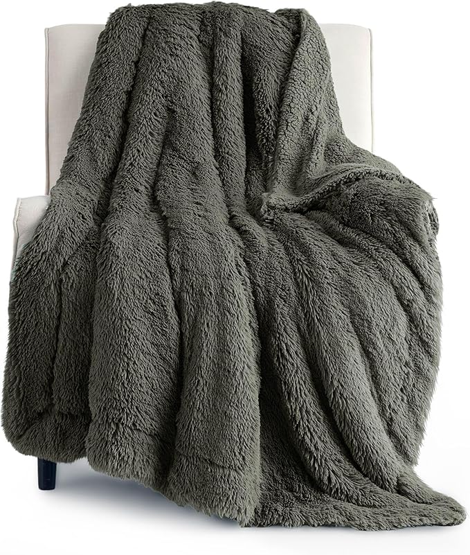Bedsure GentleSoft Fuzzy Sherpa Faux Fur Twin Blanket Olive Green Cozy Gifts for Women Men, Soft Fleece Plush Warm Minky Thick Blanket Twin Size for Bed, Room Dorm Essentials Olive Decor Gifts, 60x80