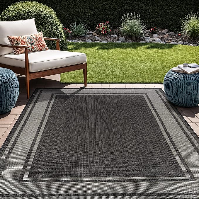 Beverly Rug Outdoor Rug 5x7 Modern Bordered Area Rugs for Indoor and Outdoor Patio Deck Porch Garden Waterproof Weather Sun Resistant Washable Outside Carpet (5 x 7 Dark Gray)