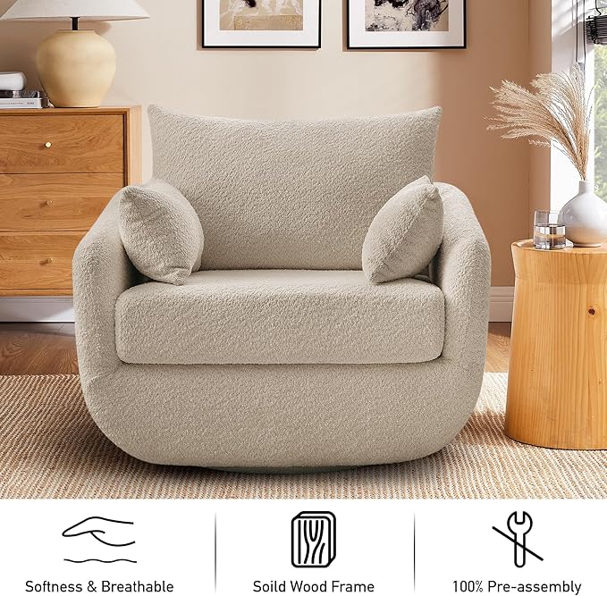 360° Swivel Accent Armchair Set of 2, 39.3" Oversized, Sherpa Boucle Fabric Sofa Chair with Removable Back & Arm Pillows, Swivel Chairs with Cozy Soft Padded, No Assembly Required, Camel