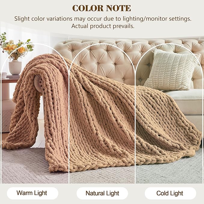 Carriediosa Chunky Knit Throw Blanket 50" X 60", 100% Hand Made Large Chenille Loop Yarn Soft Fluffy Throws for Couch Sofa Bed, Big Crochet Cozy Heavy Thick Cable Woven Blankets, Tan Brown