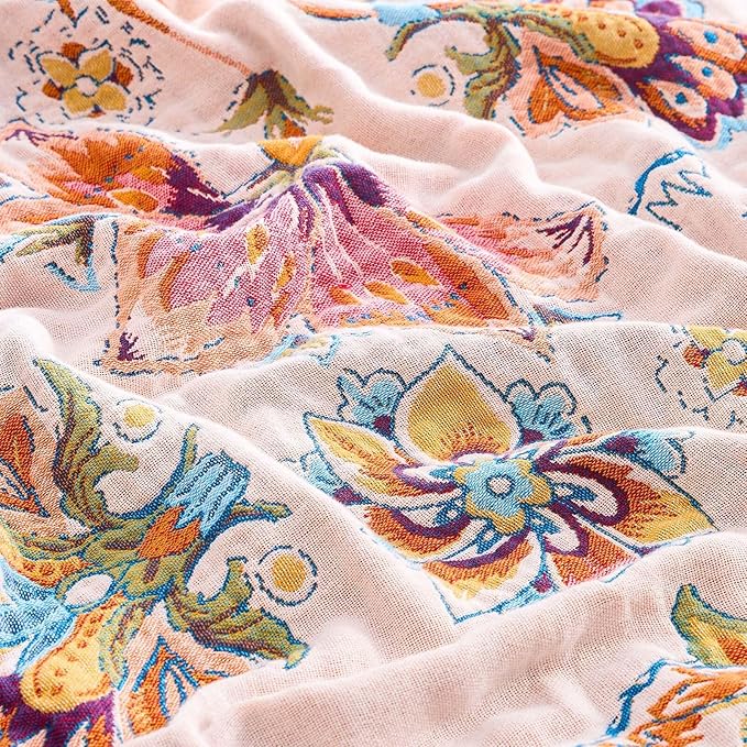 Boho Throw Blanket for Bed, 100% Cotton Soft Rustic Quilt Fall Blanket, 50"x60" Floral Printed Farmhouse Decor Bed Blankets, All Season Rustic Reversible Bohemian Throw Quilt