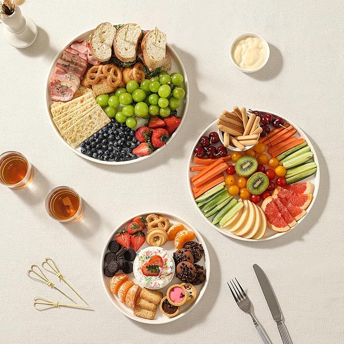 3 Packs Serving Platters, Large Serving Tray, Round Platters for Serving Food, Food Tray for Veggie Fruit Snack Dessert Cheese, White Ceramic Serving Trays for Party, Entertaining, 12.8”/10.8”/8.8”