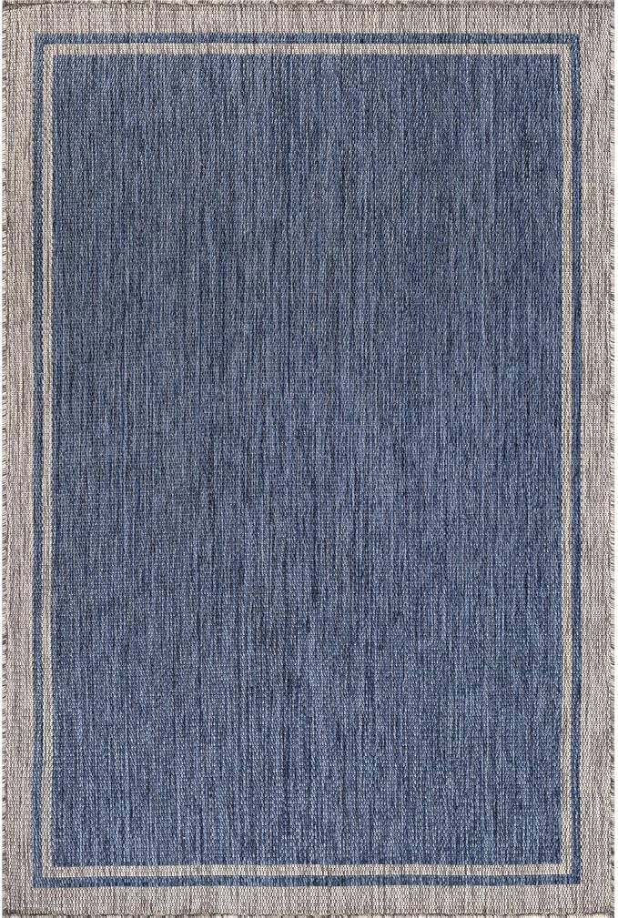 CAMILSON Indoor Outdoor Rug, 10x14 Bordered Navy Blue Gray Modern Large Area Rugs for Indoor and Outdoor Patios, Porches Waterproof Washable Porch Deck Outside Carpet (Bordered Navy, 10 x 14)