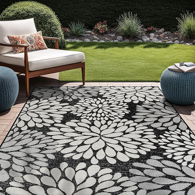 Beverly Rug Outdoor Rug 5x7 Modern Exotic Tropical Leaf Area Rugs for Indoor and Outdoor Patio Deck Porch Garden Water Resistant Washable Outside Carpet (5 x 7 Dark Gray)
