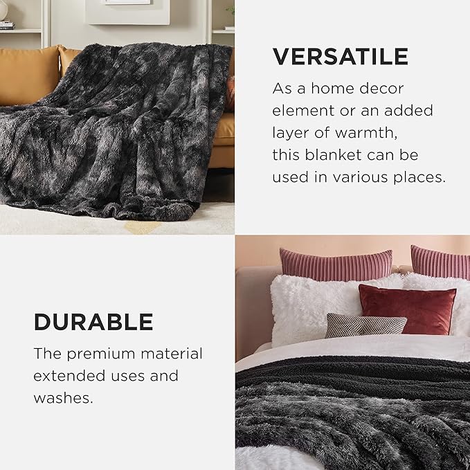 Bedsure GentleSoft Fluffy Tie Dye Black King Size Blanket for Bed, Thick Soft Sherpa Faux Fur Fleece Bedding Fuzzy Plush Winter Warm Heavy Large King Blanket, Cozy Black Gifts for Men Women, 108x90