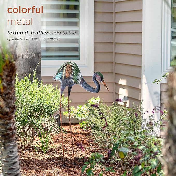 Alpine Corporation 30" Tall Outdoor Rustic Metal Bowing Crane Statue Yard Art Decoration