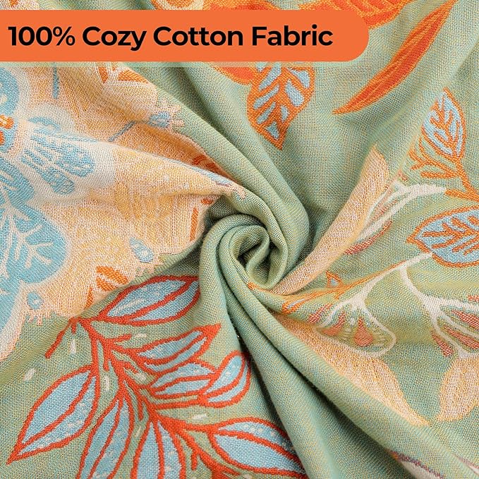 Boho Fall Throw Blanket for Bed，100% Ultra Cotton Soft Breathable Bed Throw Floral Printed Farmhouse Decor Rustic Bed Throws for Couch Sofa Quilt 90" x 98"-Orange& Sage Green