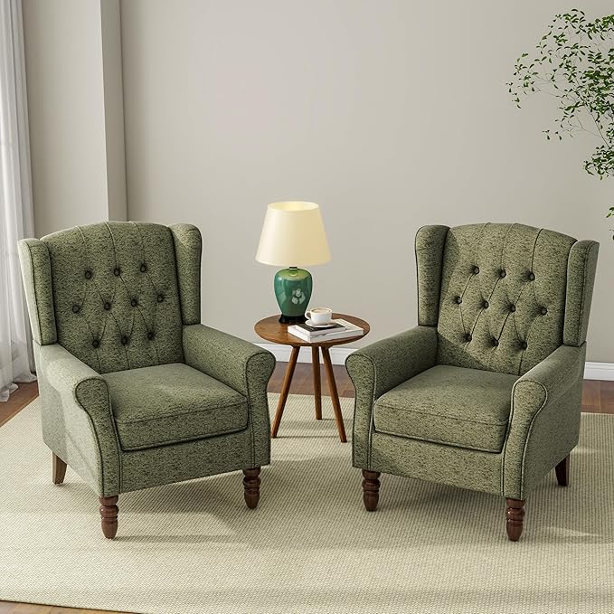 Accent Chair, Upholstered Armchair with Button Tufted High Back & Solid Wood Legs, Comfy Wingback Reading Single Sofa Chair for Small Spaces, Living Room, Bedroom (Green, Set of 2)