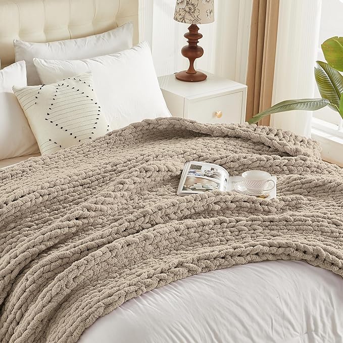 Carriediosa Chunky Knit Throw Blanket 50" X 60", 100% Hand Made Large Chenille Loop Yarn Soft Fluffy Throws for Couch Sofa Bed, Big Crochet Cozy Heavy Thick Cable Woven Blankets, Taupe