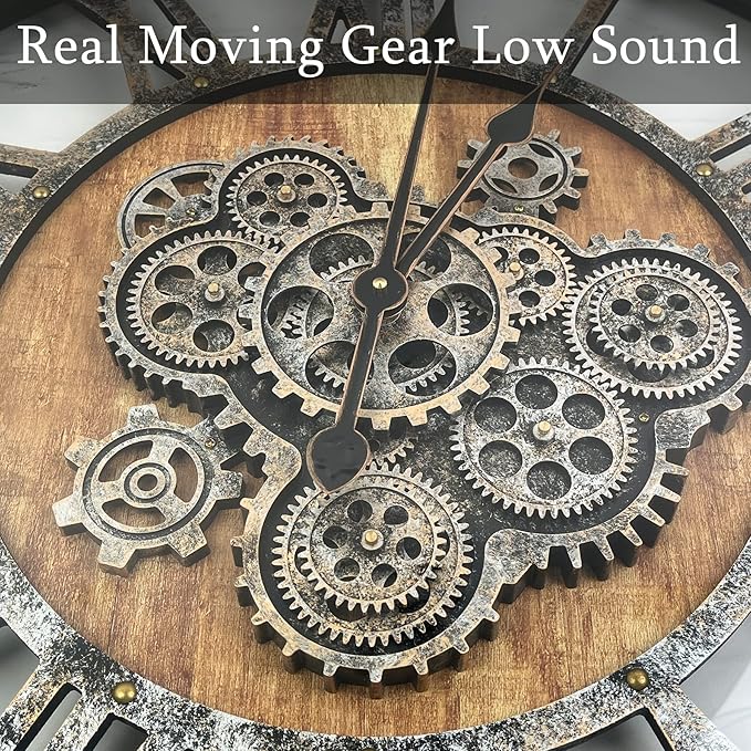 24 Inch Moving Gear Wall Clock, Oversized Wall Clocks, Clock Living Room Decor, Solid Wood Frame, Battery Operated, Large Wall Clock with Steampunk Industrial for Fireplace(Brown)