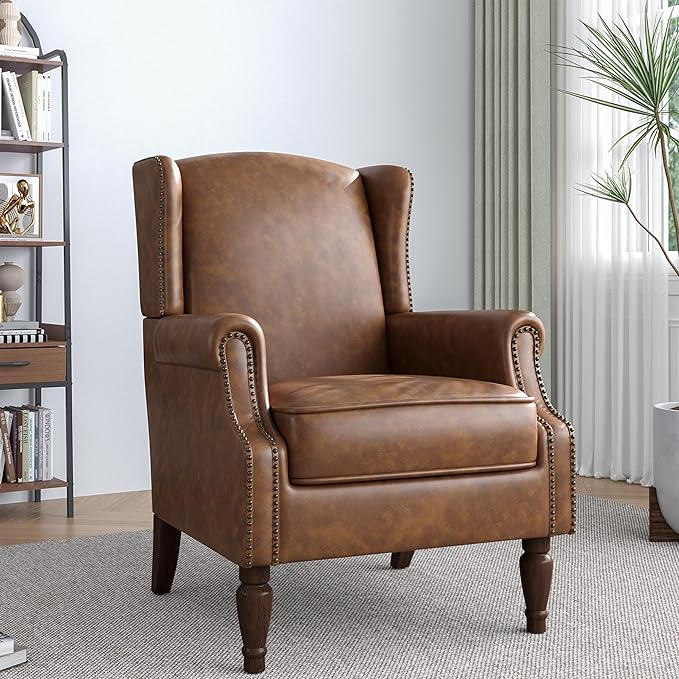 Accent Chair, Faux Leather High Back Armchair or Living Room, Comfy Upholstered Single Sofa Reading Chair with Solid Wood Legs for Office, Bedroom, Waiting Room-Brown