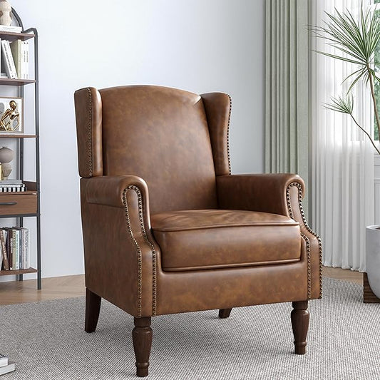 Accent Chair, Faux Leather High Back Armchair or Living Room, Comfy Upholstered Single Sofa Reading Chair with Solid Wood Legs for Office, Bedroom, Waiting Room-Brown