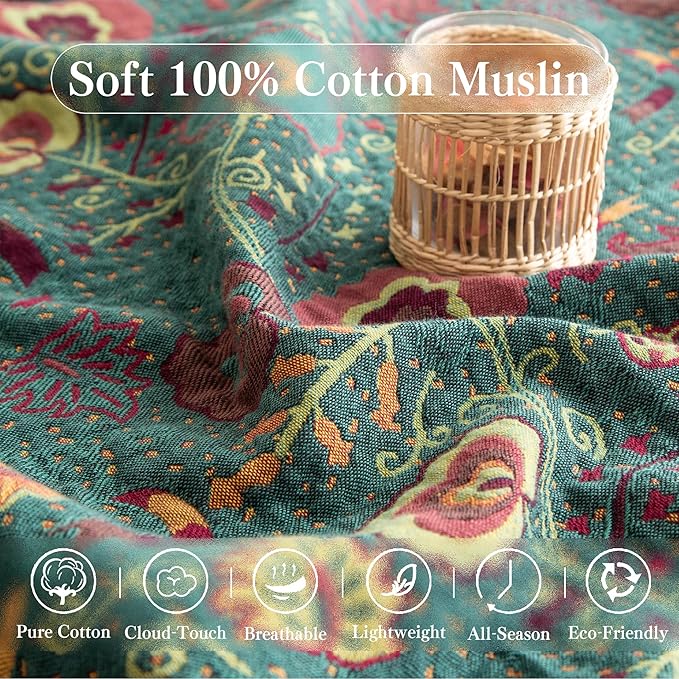Boho Throw Blanket Full Size, Extra Large Soft Cozy Cotton Muslin Quilt Blanket for Bed Decor, Floral Patterned Couch Sofa Chair Cover, Vintage Farmhouse Cottage Woven Blanket, Green&Orange