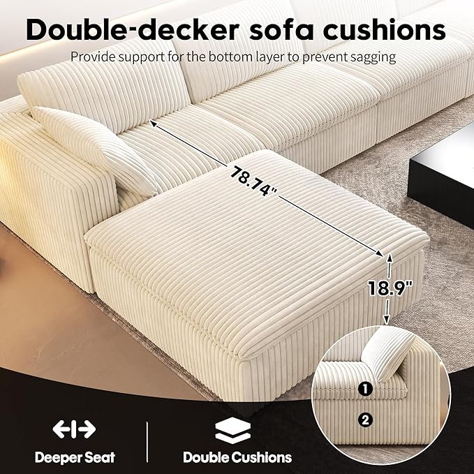 157.5" U Shaped Modern Sofa Modular Sectional Cloud Couch with 2 Ottoman,Deep Seat Upholstered Couches with Corduroy Fabric for Living Room Furniture,Bedroom and Apartment,No Assembly Required,White
