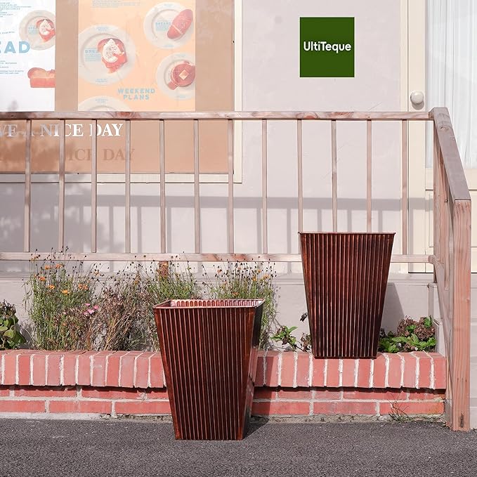18in Vintage Handmade Metal Vertical Lines Copper Tapered Planters Set of 2, Galvanized Steel Planter Box with Drainage Hole for Indoor/Outdoor/Porch/Garden
