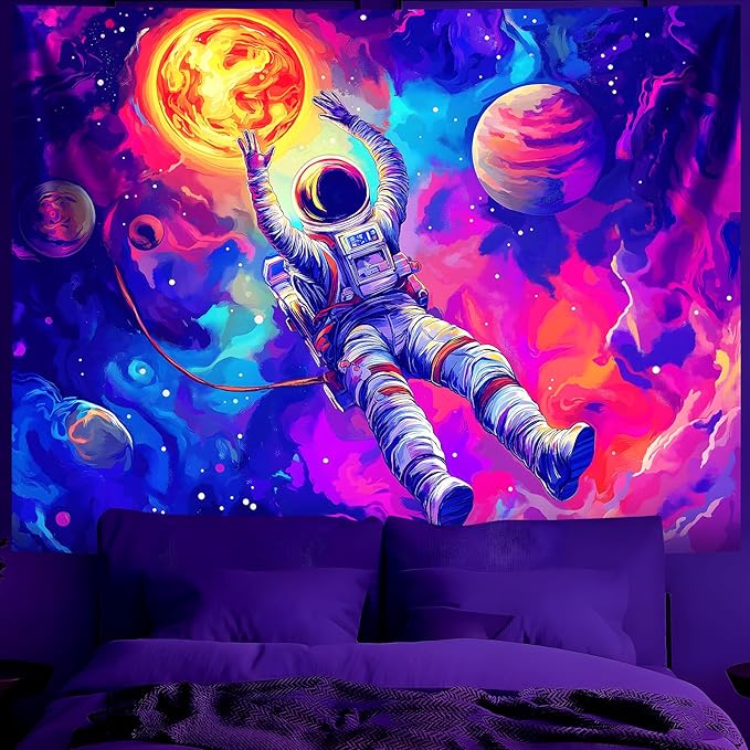 BVBOX Astronaut Space Blacklight Tapestry 79"x59", UV Reactive Floating Astronaut Universe Galaxy Planet Glow in Dark Tapestries, Black Light Neon Upright Poster Wall Hanging Backdrop Decor for Bedroom Living Room
