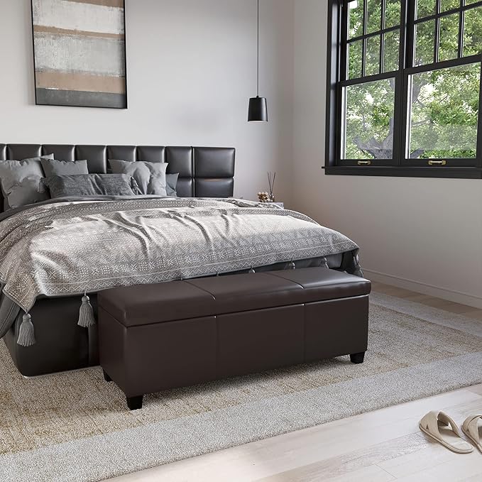 BELLEZE 47 Inch Storage Ottoman, Faux Leather Storage Bench Bedroom Bench with Safety Close Hinge, Ottoman with Storage for Living Room, Entryway, Hallway, Foot Rest, Support 300lbs - Brown