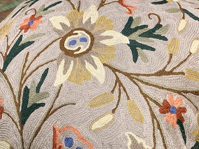 Beige Floral Pillow Cover Taupe Flower Traditional Hand Embroidered Pillowcase Traditional Outdoor Cushion Suzani Couch Flowery Needlepoint Chair Cushion Wool Size - 18x18