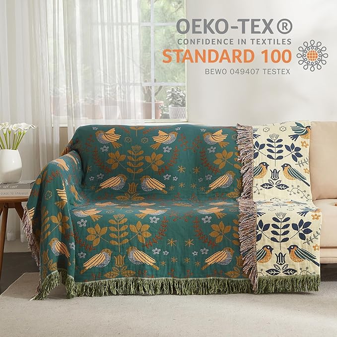 Boho Throw Blanket for Bed 90”x98”, 100% Cotton Woven Blanket for Couch Sofa, Ultra Soft 4-Layer Muslin Quilt with Bird Floral Printed, Farmhouse Bed Blanket/Cover for Living Room Decor