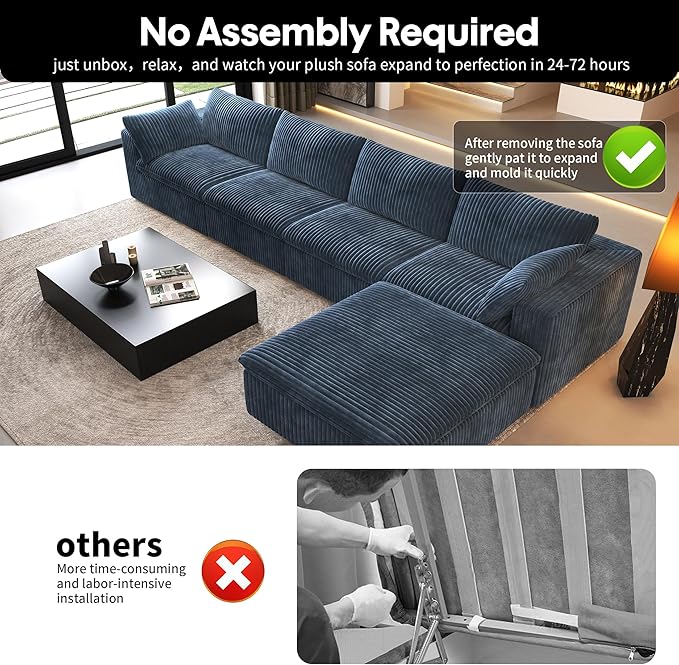 157.5" L Shaped Modern Sofa Modular Sectional Cloud Couch with Ottoman,Deep Seat Upholstered Couches with Corduroy Fabric for Living Room Furniture,Bedroom and Apartment,No Assembly Required,Blue