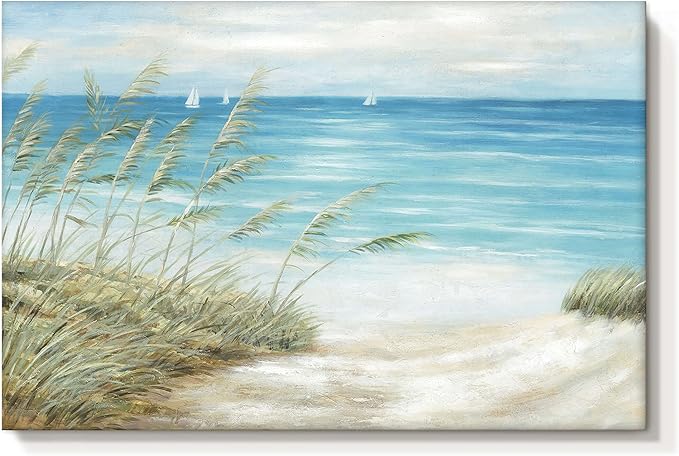 Beach Coastal Canvas Wall Art: Sea Reed Hand Painting Vintage Abstract Blue Ocean Boat Nautical Pictures Modern Seascape Grass Path Artwork Decor for Bathroom Bedroom