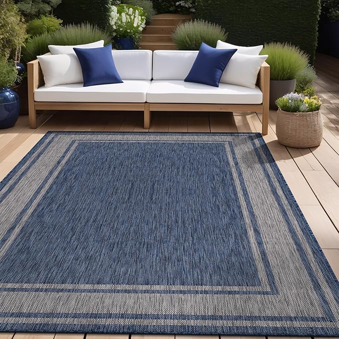 Beverly Rug Large Outdoor Rug 10x14 Modern Bordered Area Rugs for Indoor and Outdoor Patio Deck Porch Garden Waterproof Weather Sun Resistant Washable Outside Carpet (10 x 14 Navy)