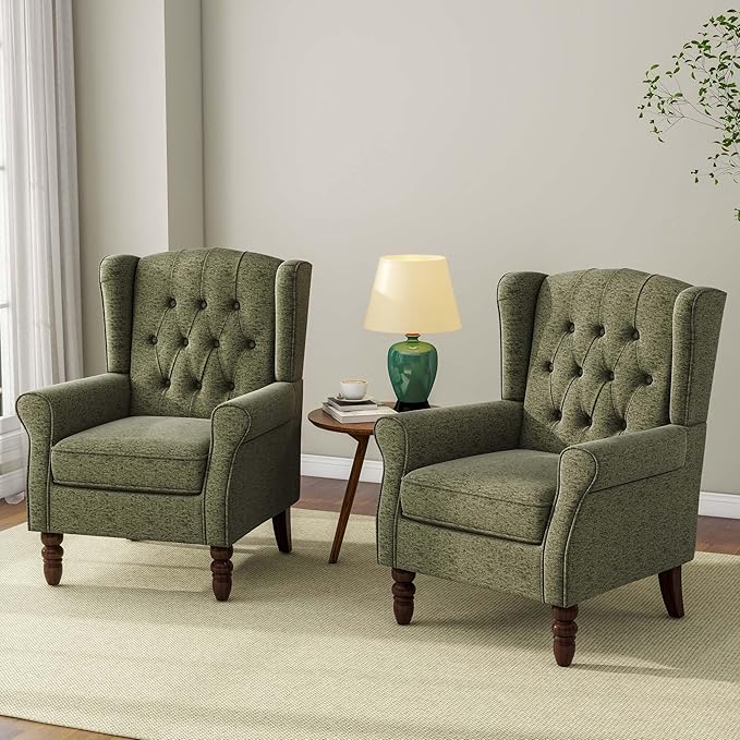 Accent Chair, Upholstered Armchair with Button Tufted High Back & Solid Wood Legs, Comfy Wingback Reading Single Sofa Chair for Small Spaces, Living Room, Bedroom (Green, Set of 1)