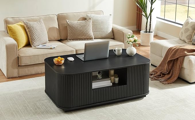 46.5" Oval Coffee Table with Drawers and Storage Mid Century Modern Fluted Solid Wood Side Coffee Tables, Luxury Tea Table Center Table for Living Rooms Offices Apartmen, Black