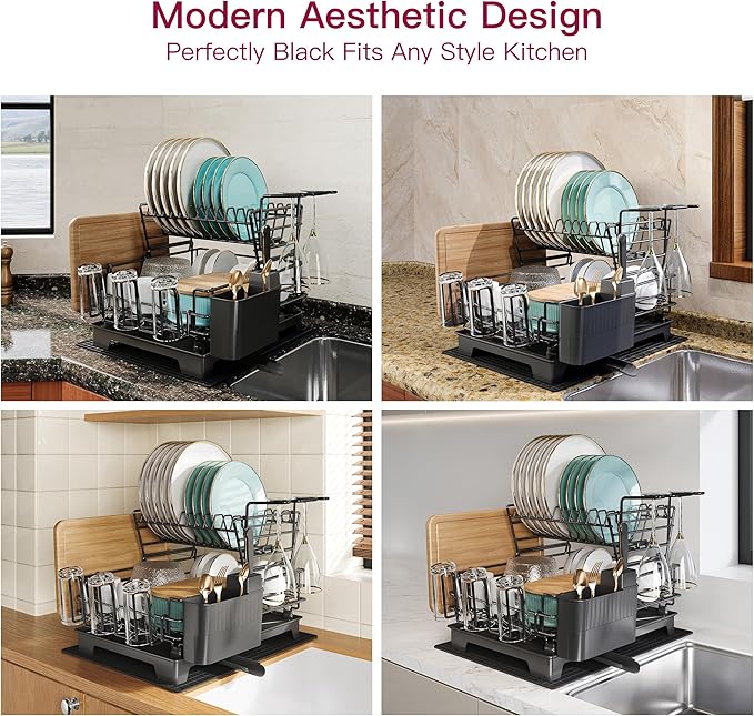BOOSINY 2 Tier Black Large Stainless Steel Dish Drainers Drying Rack for Kitchen Counter with Drainboard, Rust Proof Metal, Space Saving, Modern Aesthetic, Compact Plates Strainers with Extra Mat