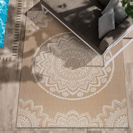 CAMILSON Outdoor Rug 9x12 Modern Area Rugs for Large Indoor and Outdoor Patios and Porches - Waterproof Washable Non-Shedding Easy-to-Clean Outside Carpet (9 x 12, Medallion - Beige/White)