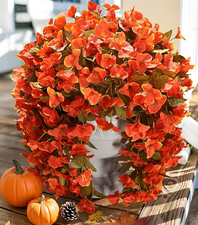 Bougainvillea Artificial Flowers Plants for Outdoors Outside Fall Autumn Decor, 2 pcs Faux Silk Long Trailing Vines UV Resistant Look Real Orange Fake Flowers for Front Door Porch Planter Urn Patio