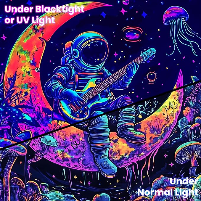 BVBOX Astronaut Space Blacklight Tapestry 79"x59", UV Reactive Astronaut Guitar Moon Universe Galaxy Planet Glow in Dark Music Tapestries, Black Light Neon Upright Poster Wall Hanging Backdrop Decor for Bedroom Living Room