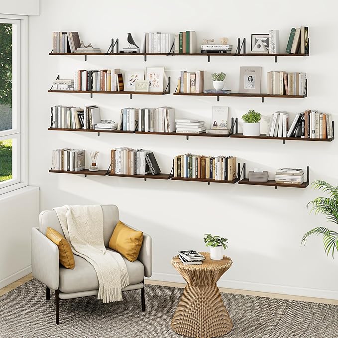 Heimlove 48 Inch Large Floating Bookshelves Set of 3,Wall Mounted Bookshelves,Heavy Duty Wooden Shelves for Living Room,Bedroom,Kitchen,Laundry Room Storage & Decor-Walnut Color