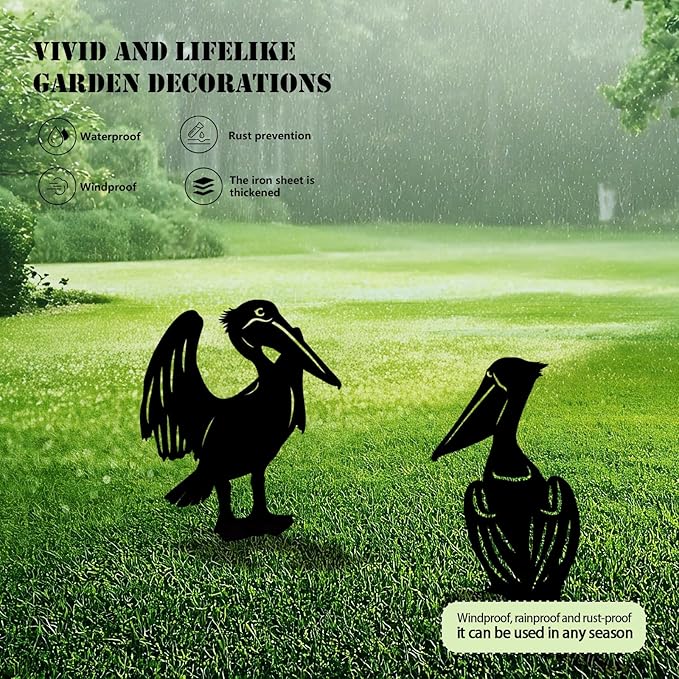 3 Pack Pelican Metal Garden Decorative Stakes, Weather Proof Silhouette Statues for Yard, Patio,Outdoor Decor for Pelican Lovers and Pet Owners