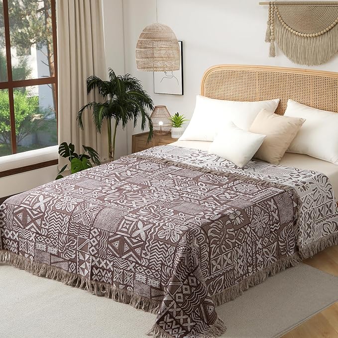 Boho Throw Blanket Twin Size, Soft Cozy Cotton Muslin Quilt Blanket for Bed Decor, Patchwork Block Couch Sofa Chair Cover, Vintage Farmhouse Cottage Tapestry Woven Blanket, Brown&White