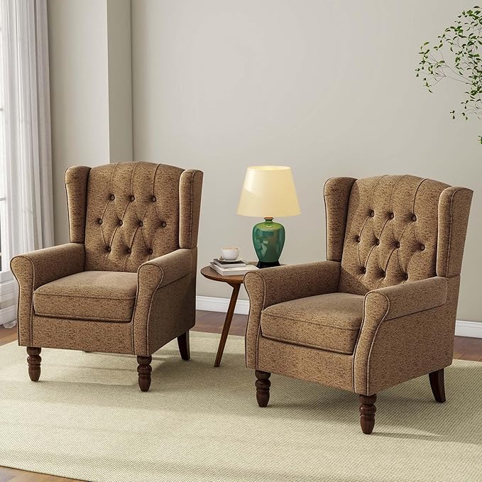 Accent Chair, Upholstered Armchair with Button Tufted High Back & Solid Wood Legs, Comfy Wingback Reading Single Sofa Chair for Small Spaces, Living Room, Bedroom (Brown, Set of 2)